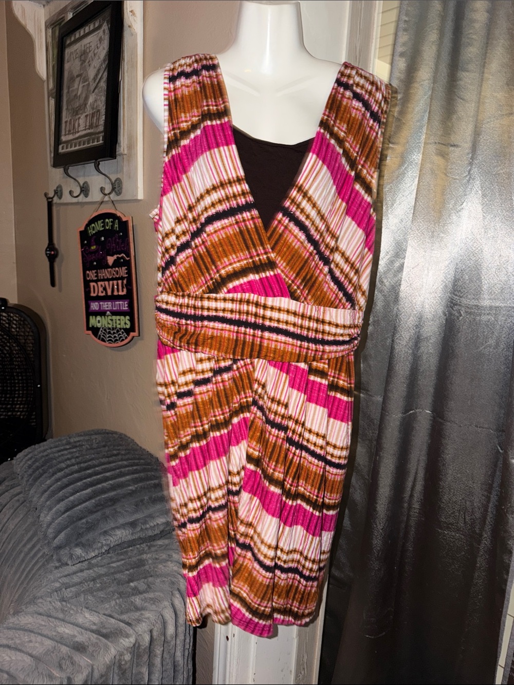 Women's Pink Multi-Stripe Sleeveless Wrap Dress stretchy size XL from Mark